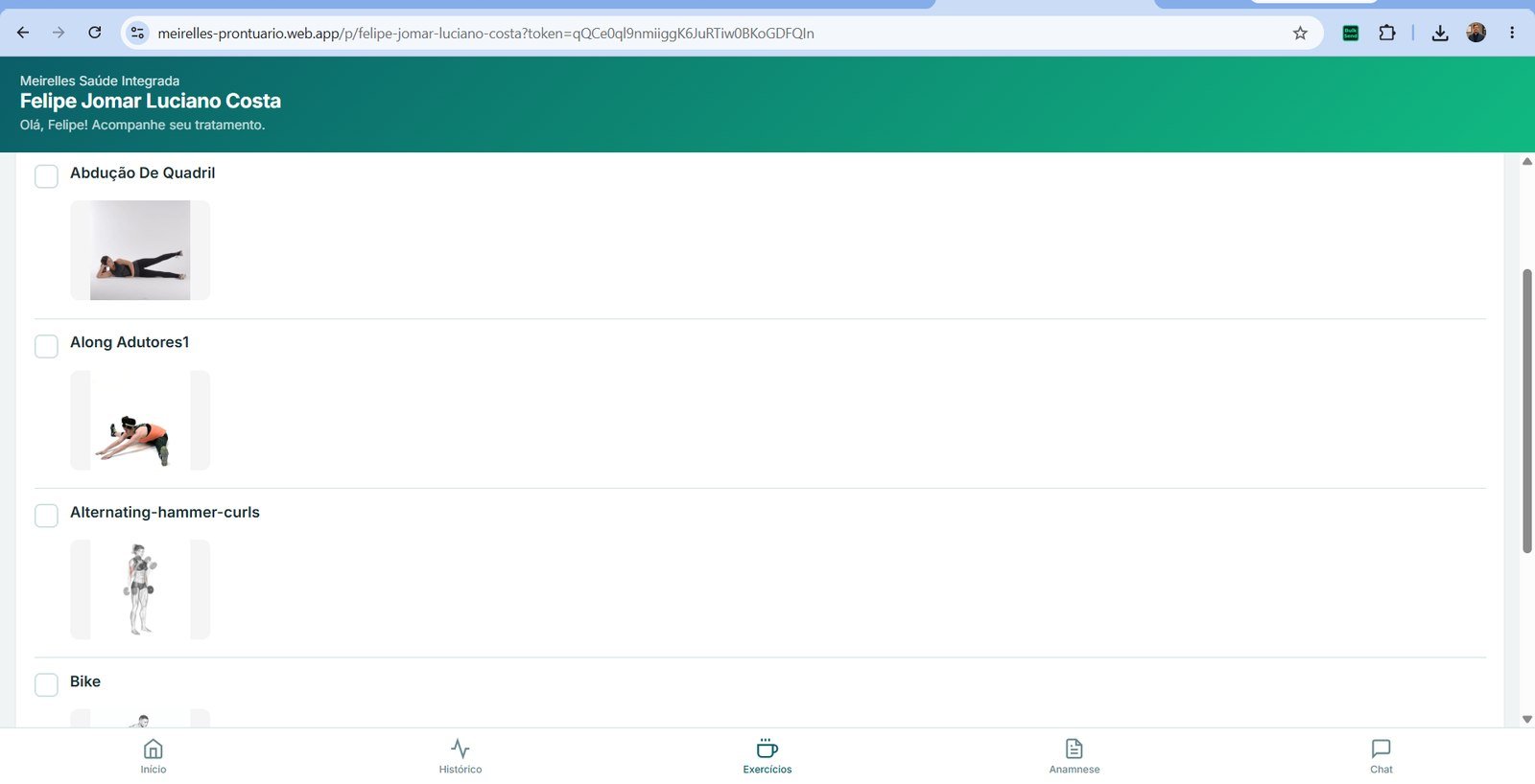Portal do paciente com exercícios